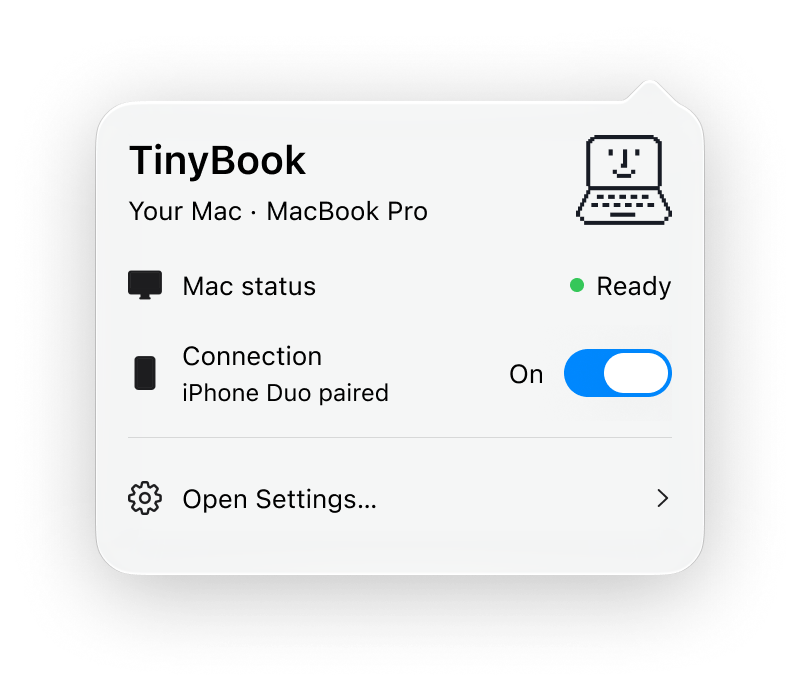The TinyBook Mac companion menu-bar preview.