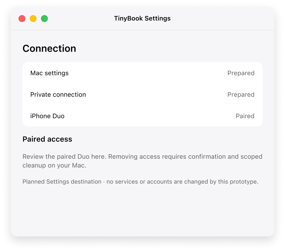 TinyBook Mac Settings: this Mac is ready, a private connection is prepared, and an iPhone Duo is paired. A Remove control appears beside the paired Duo.